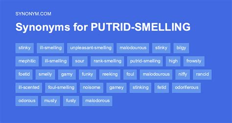 Specifically, putrid implies particularly the sickening odor of decaying organic matter. . Synonym putrid